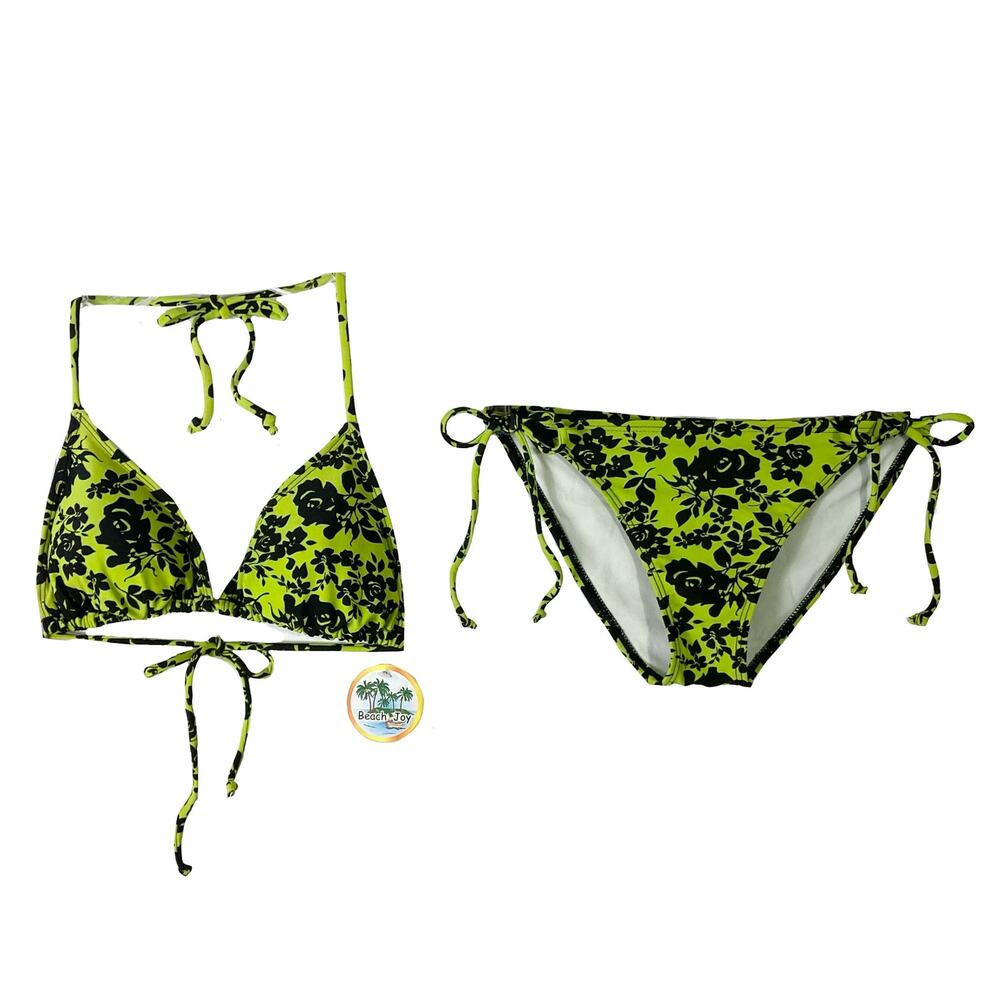 NWT BEACH JOY Bikini Set L Green-Black Halterneck Two-Piece Stretchy Neon